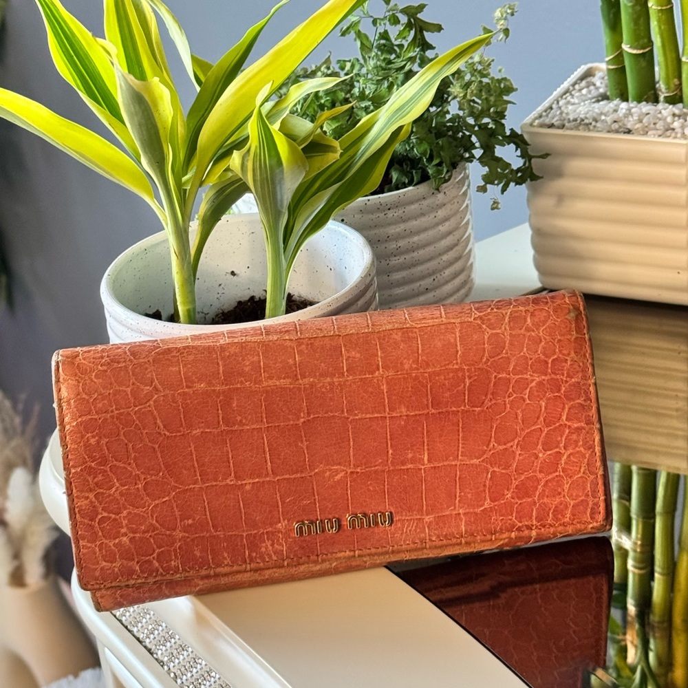 Miu Miu Orange Crocodile Embossed Wallet
